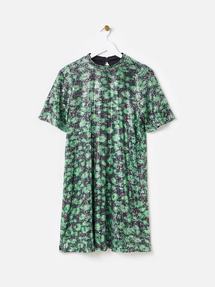 Oliver Bonas Green Leopard Sequin Mini Dress - Image 1 of 5