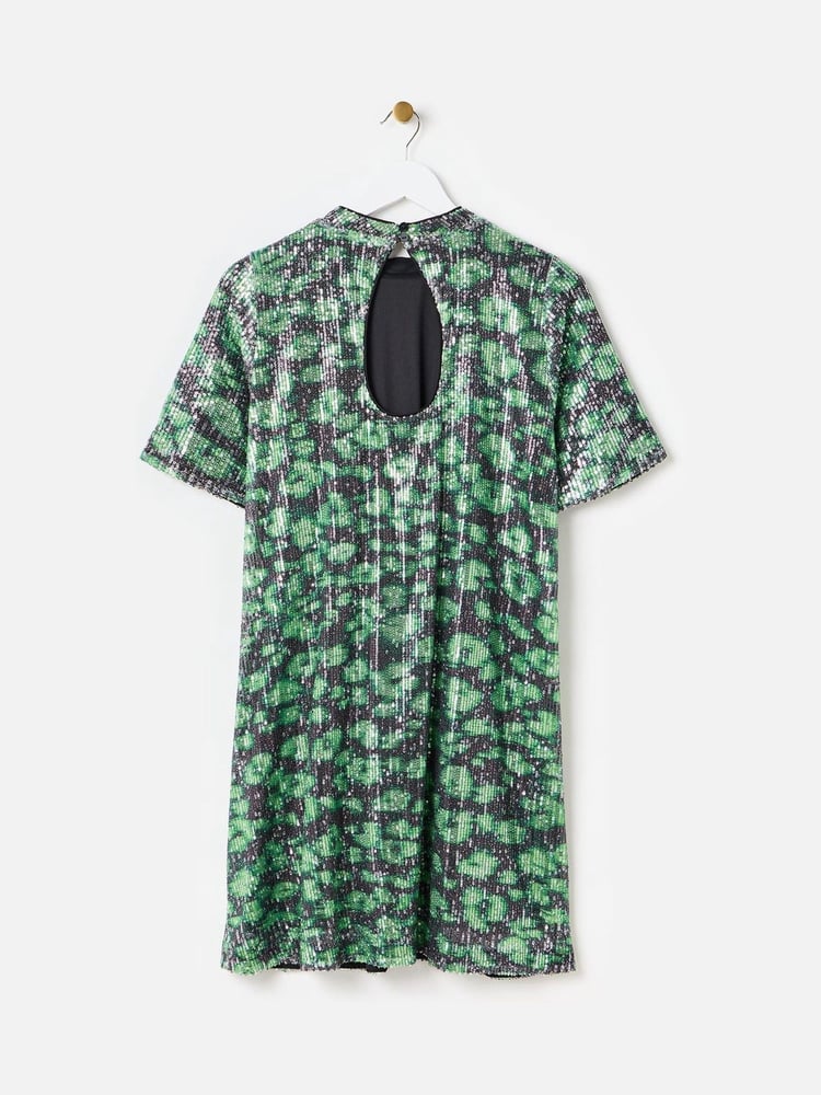 Oliver Bonas Green Leopard Sequin Mini Dress - Image 2 of 5