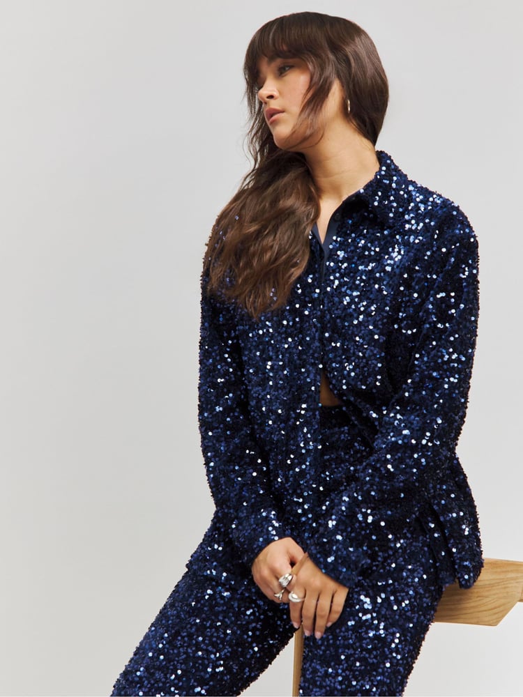 Simply Be Navy Velvet Sequin Shirt - Image 1 of 4 Simply Be Navy Velvet Sequin Shirt - Image 1 of 4