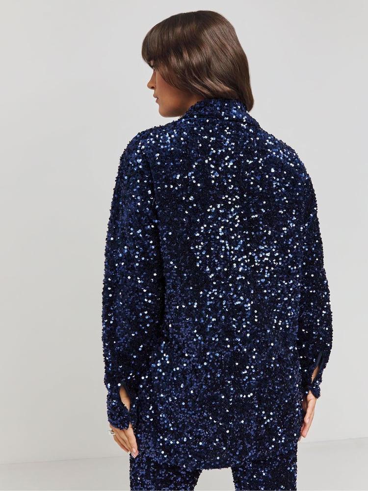 Simply Be Navy Velvet Sequin Shirt - Image 2 of 4 Simply Be Navy Velvet Sequin Shirt - Image 2 of 4
