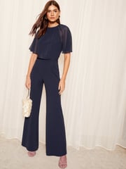 Friends Like These Navy Blue Petite Chiffon Flutter Sleeve Wide Leg Jumpsuit - Image 3 of 4