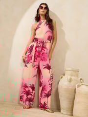 Lipsy Pink Palm Petite Printed Halter Neck Sleeveless Jumpsuit - Image 1 of 4
