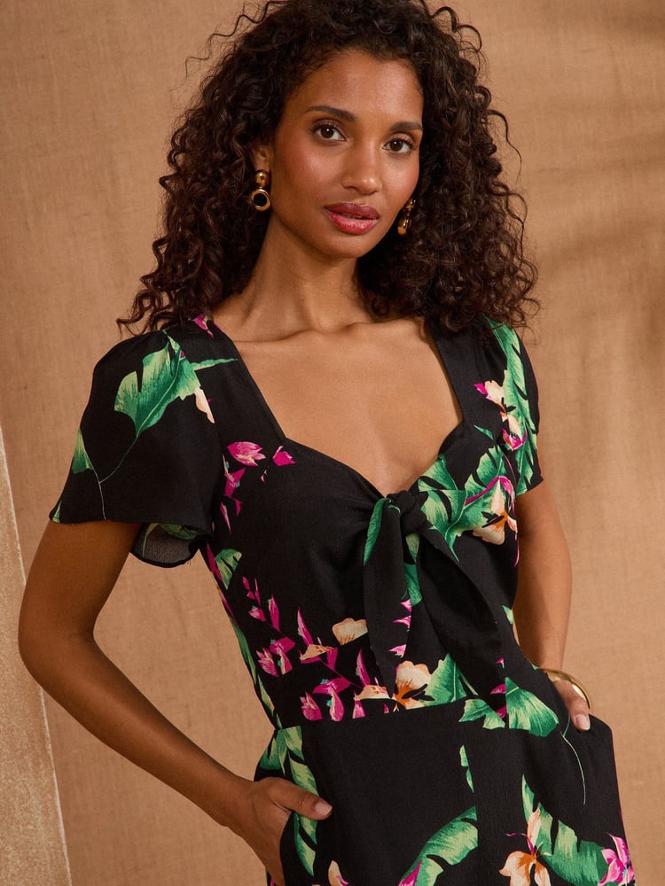Love & Roses Black Tropical Tie Front Flutter Sleeve Jumpsuit - Image 2 of 4 Love & Roses Black Tropical Tie Front Flutter Sleeve Jumpsuit - Image 2 of 4