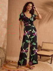 Love & Roses Black Tropical Tie Front Flutter Sleeve Jumpsuit - Image 3 of 4