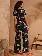 Love & Roses Black Tropical Tie Front Flutter Sleeve Jumpsuit - Image 4 of 4