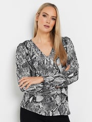 Long Tall Sally Grey Woven Snake Print Frill Blouse - Image 1 of 5