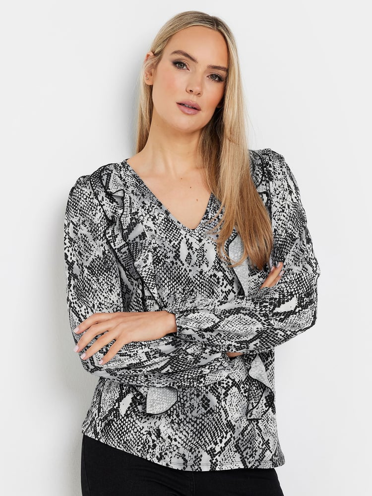 Long Tall Sally Grey Woven Snake Print Frill Blouse - Image 1 of 5