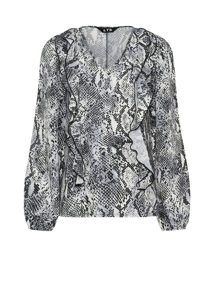 Long Tall Sally Grey Woven Snake Print Frill Blouse - Image 5 of 5