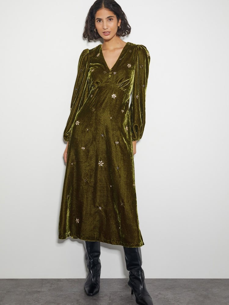 Monsoon Yellow Joyce Embellished Velvet Tea Dress - Image 1 of 5