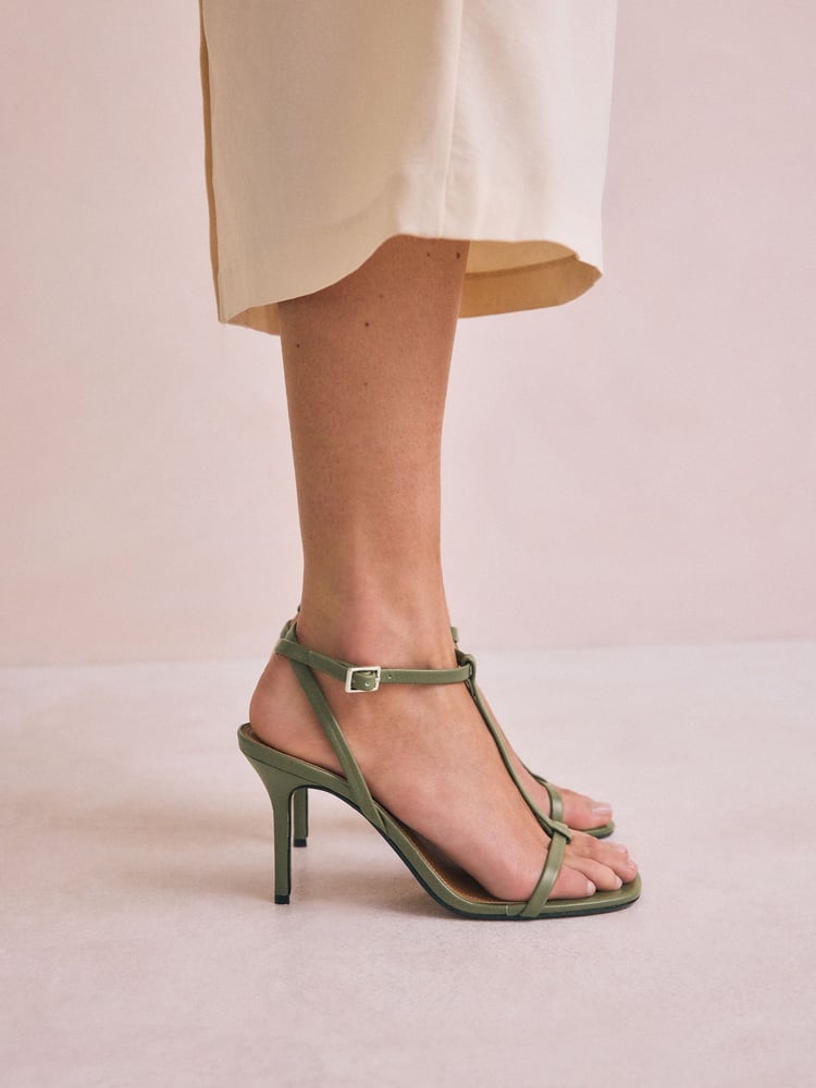 Khaki Green Signature Premium Leather Skinny Strap Heeled Sandals - Image 2 of 11