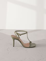 Khaki Green Signature Premium Leather Skinny Strap Heeled Sandals - Image 7 of 11