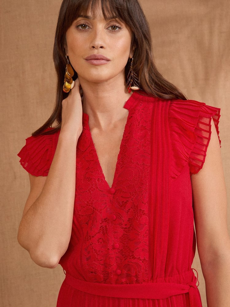 Love & Roses Red Lace Detail Pleated V-Neck Belted Midi Dress - Image 2 of 5 Love & Roses Red Lace Detail Pleated V-Neck Belted Midi Dress - Image 2 of 5