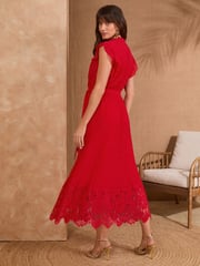 Love & Roses Red Lace Detail Pleated V-Neck Belted Midi Dress - Image 4 of 5
