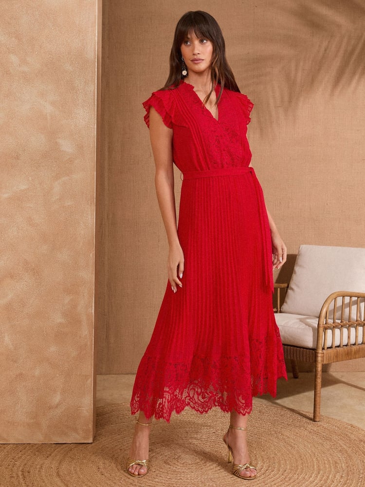 Love & Roses Red Lace Detail Pleated V-Neck Belted Midi Dress - Image 5 of 5 Love & Roses Red Lace Detail Pleated V-Neck Belted Midi Dress - Image 5 of 5
