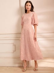 Love & Roses Pink Textured Puff Sleeve Crew Neck Midi Dress - Image 1 of 5