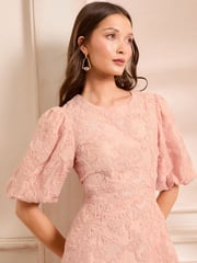 Love & Roses Pink Textured Puff Sleeve Crew Neck Midi Dress - Image 2 of 5