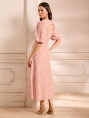 Love & Roses Pink Textured Puff Sleeve Crew Neck Midi Dress - Image 4 of 5