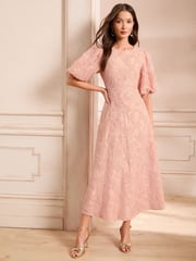 Love & Roses Pink Textured Puff Sleeve Crew Neck Midi Dress - Image 5 of 5