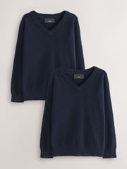 Navy 2 Pack Knitted V-Neck Jumpers (3-16yrs) - Image 1 of 7