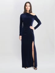 Gina Bacconi Blue Tess Velvet Off Shoulder Dress - Image 1 of 6
