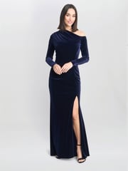 Gina Bacconi Blue Tess Velvet Off Shoulder Dress - Image 3 of 6