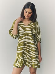 Green/White Spot Volume Sleeve Tie Mini Dress - Image 1 of 6