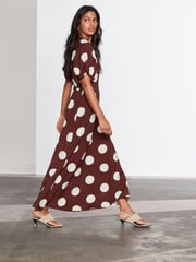Chocolate Brown Spot Print Puff Sleeve Midi Dress - Image 1 of 3