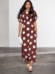 Chocolate Brown Spot Print Puff Sleeve Midi Dress - Image 2 of 3