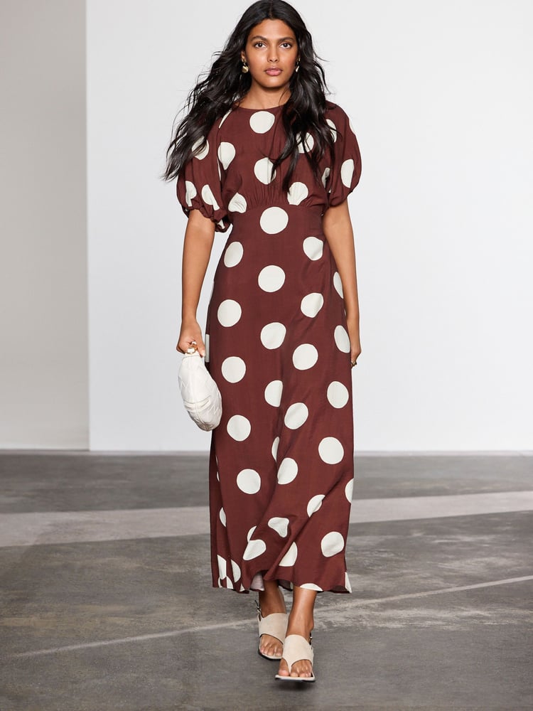 Chocolate Brown Spot Print Puff Sleeve Midi Dress - Image 2 of 3