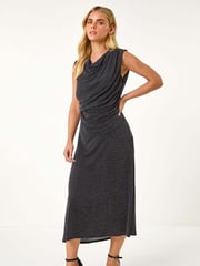 Roman Black Petite Sparkle Stretch Drape Dress - Image 1 of 5