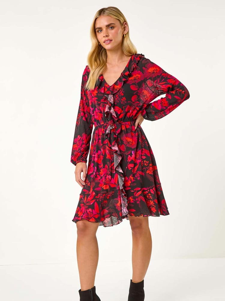 Roman Red Petite Floral Frill Detail Dress - Image 1 of 6