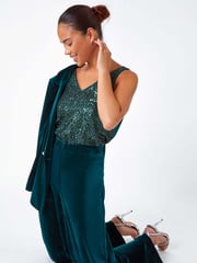 Roman Green Petite Wide Leg Velvet Stretch Trousers - Image 1 of 5