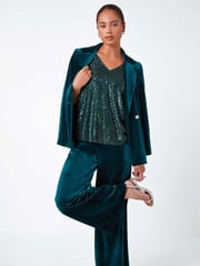 Roman Green Petite Wide Leg Velvet Stretch Trousers - Image 2 of 5