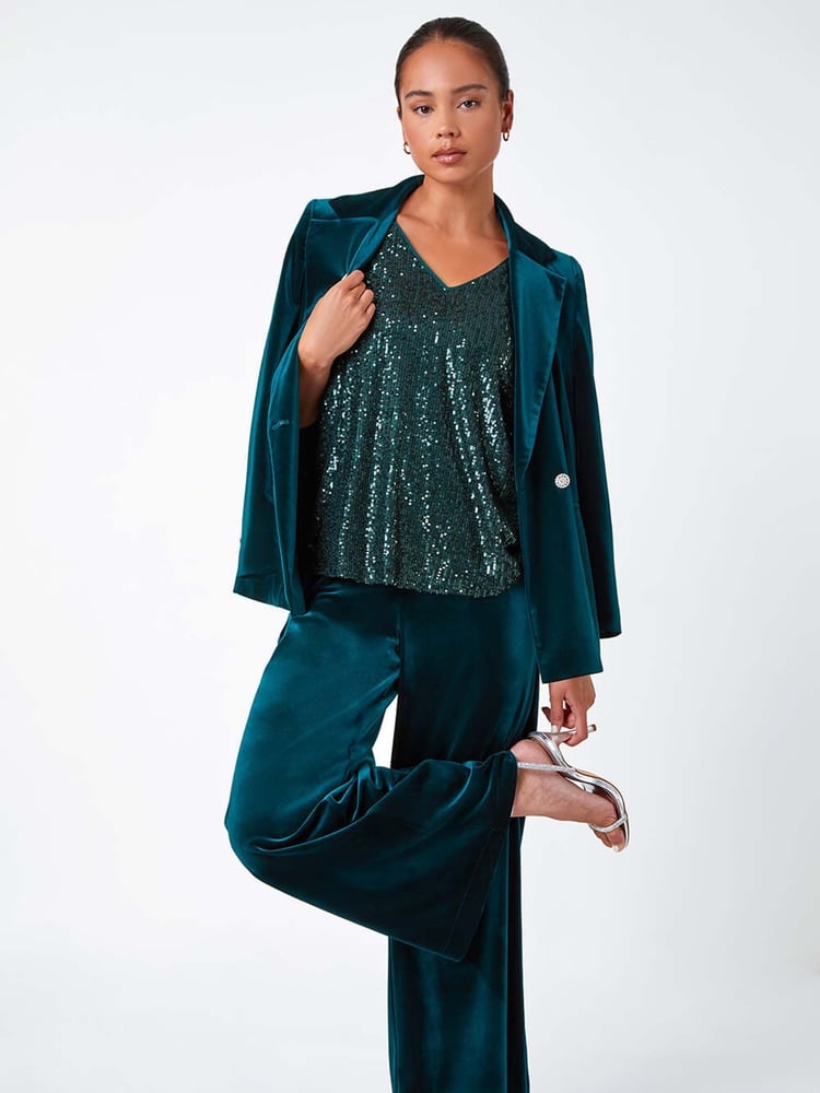 Roman Green Petite Wide Leg Velvet Stretch Trousers - Image 2 of 5