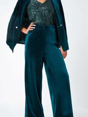 Roman Green Petite Wide Leg Velvet Stretch Trousers - Image 4 of 5