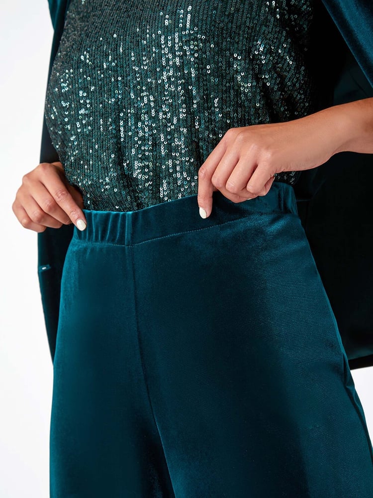 Roman Green Petite Wide Leg Velvet Stretch Trousers - Image 5 of 5