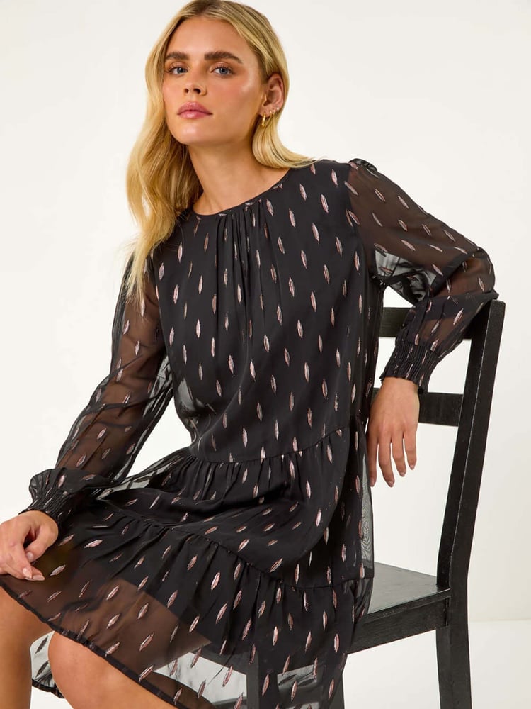 Roman Black Petite Metallic Jacquard Dress - Image 1 of 5