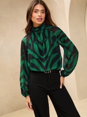 Lipsy Green Print High Neck Blouson Blouse - Image 1 of 4