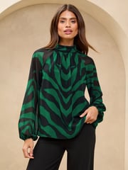 Lipsy Green Print High Neck Blouson Blouse - Image 3 of 4