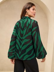 Lipsy Green Print High Neck Blouson Blouse - Image 4 of 4