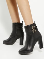 Dune London Black Oreanix Double Buckle Block Heel Boots - Image 1 of 6