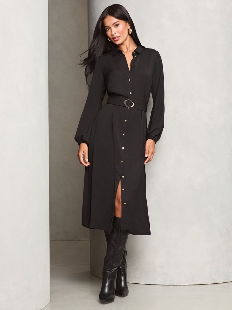 Lipsy Black Midi Long Sleeve Button Through Shirt Dress - Image 1 of 3