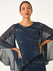 Roman Blue Sequin Embellished Asymmetric Overlay Dress - Image 4 of 5