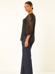 Roman Black Textured Floral Contrast Top - Image 1 of 5