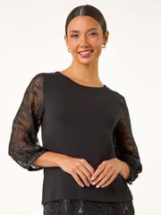 Roman Black Textured Floral Contrast Top - Image 5 of 5