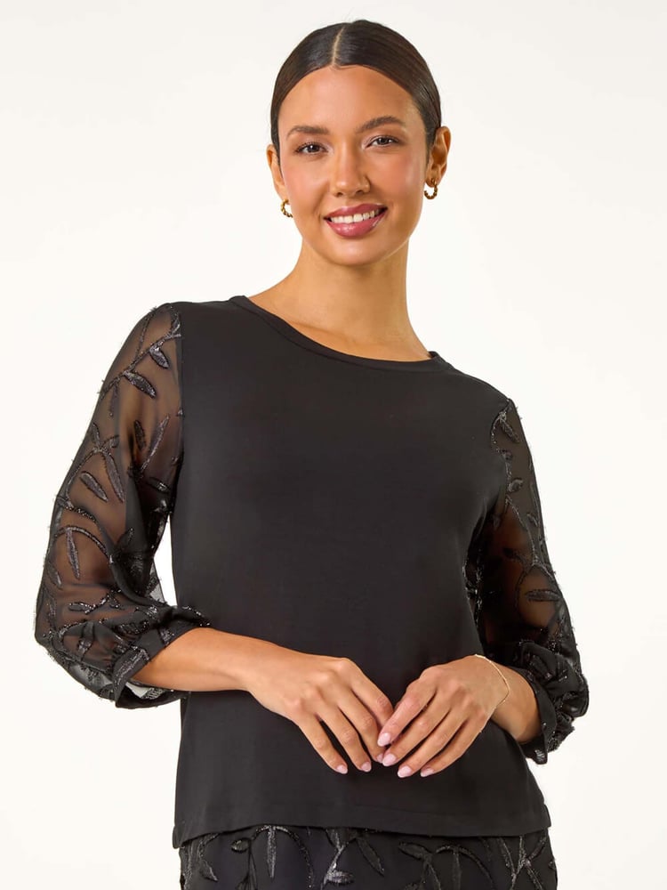 Roman Black Textured Floral Contrast Top - Image 5 of 5