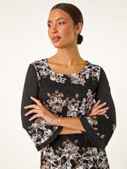 Roman Brown Floral Print Lace Asymmetric Hem Top - Image 1 of 6