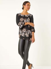 Roman Brown Floral Print Lace Asymmetric Hem Top - Image 3 of 6