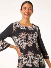 Roman Brown Floral Print Lace Asymmetric Hem Top - Image 5 of 6