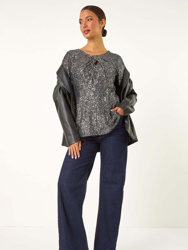 Roman Metallic Shimmer Sequin Twist Detailed Top - Image 1 of 6